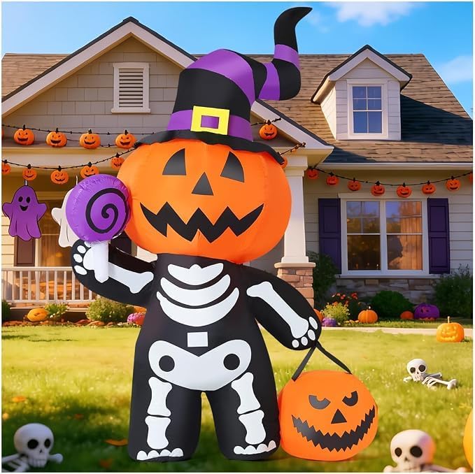 GOOSH 6 FT Halloween Inflatable Pumpkin Skull Body Outdoor Decorations Blow Up Yard Pumpkin with Built-in LEDs for Garden Lawn Party Decor