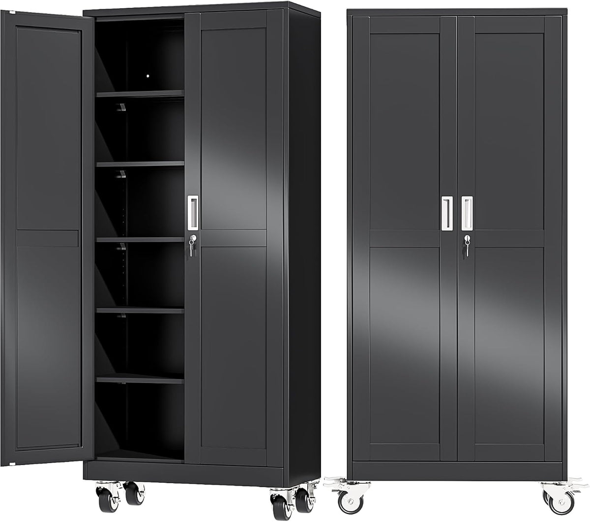 Ckzbx Metal Garage Storage Cabinet with Locking Doors and Adjustable Shelves,75" H Rolling Tool Storage with Wheels for Garage,Office (Black)