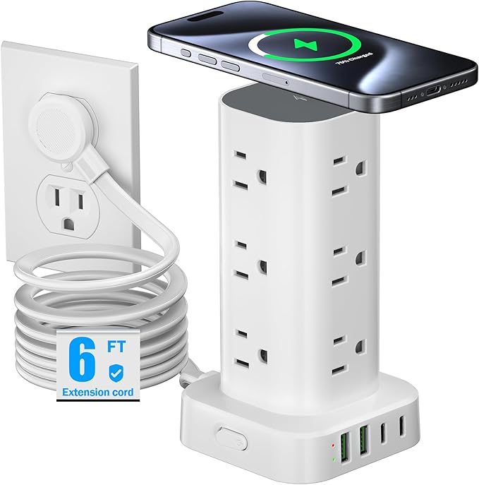 Tower Power Strip with 15W Wireless Charger, 6FT Flat Plug Extension Cord with