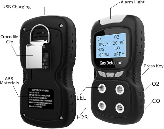 XLA Alert Portable Gas Detector, Gas Clip 4 Gas Monitor Meter Tester Analyzer