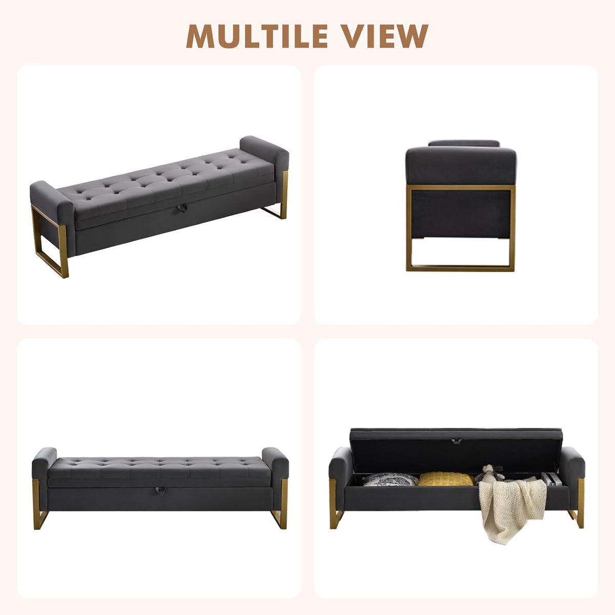 67" Storage Bench for Bedroom, King Size End of Bed Bench, Upholstered Storage Ottoman Bench with Golden Metal Legs, Bedroom Bench for Entryway, Dark Grey