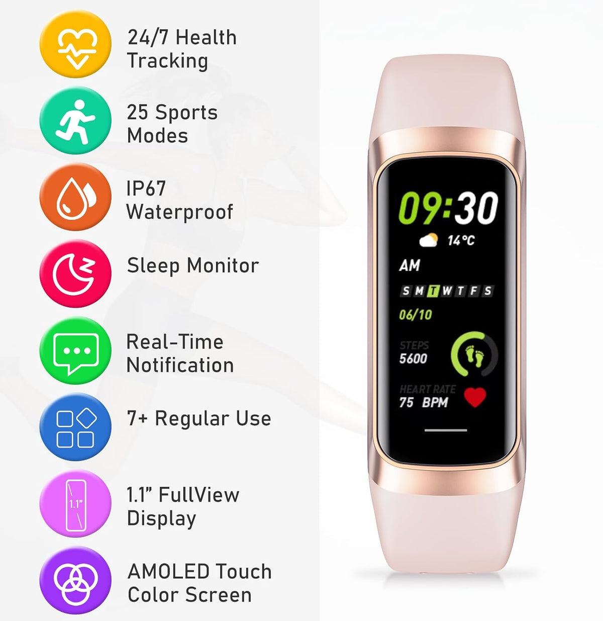fitness tracker with 24/7heart rate, blood pressure, sleep on a desk or shelf
