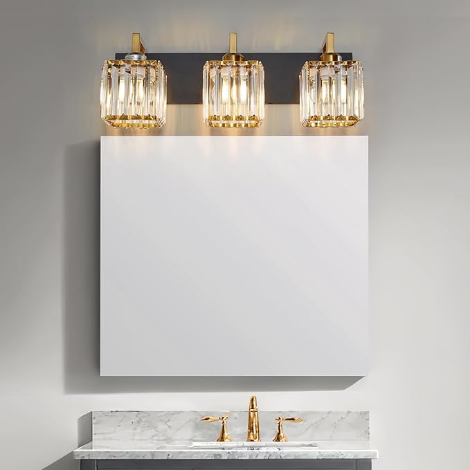 FDPBY Modern Bathroom Vanity Light 3-Lights Black Gold Crystal Wall Lamp