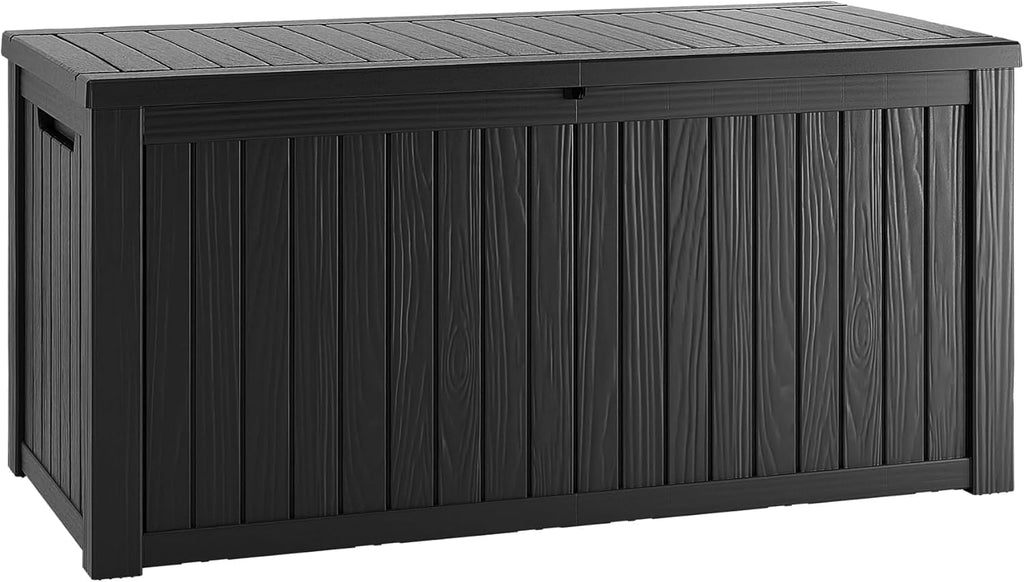 Outdoor Storage Box, 150 Gallon Waterproof Deck Box, Piston-Assisted Resin Trunk for Sectional Sofa Cushions, High-Capacity Lockable Double Storage Bench, Patio Lounge, Black