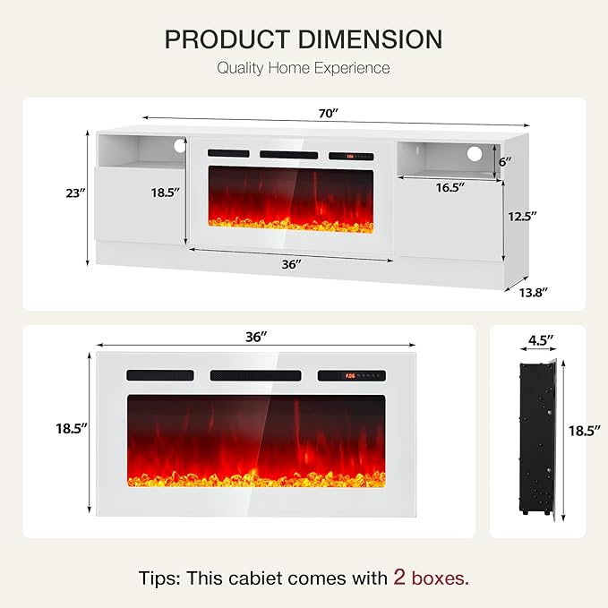 YISUFO 70" TV Stand with 36" Electric Fireplace, Large Modern Media