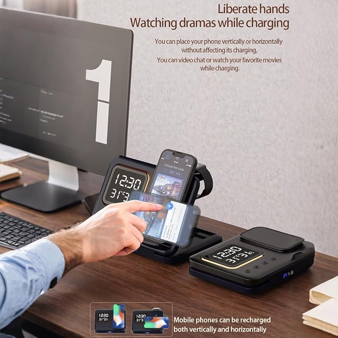 IHAO 5in1 Multi Functional Wireless Charging Station Digital Clock 15W Fast
