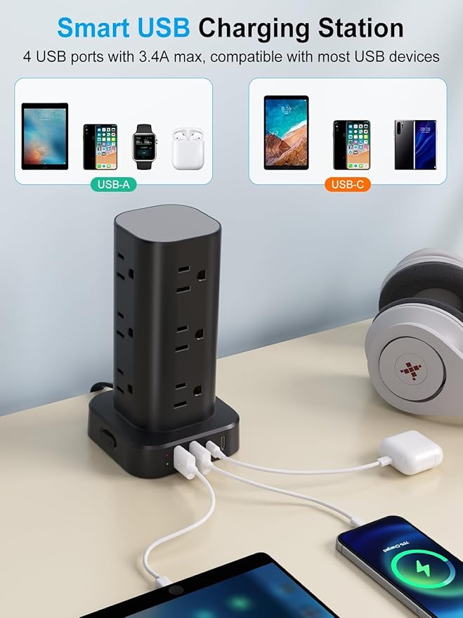 Power Strip Tower with Multiple Outlets, Flat Plug Surge Protector Tower