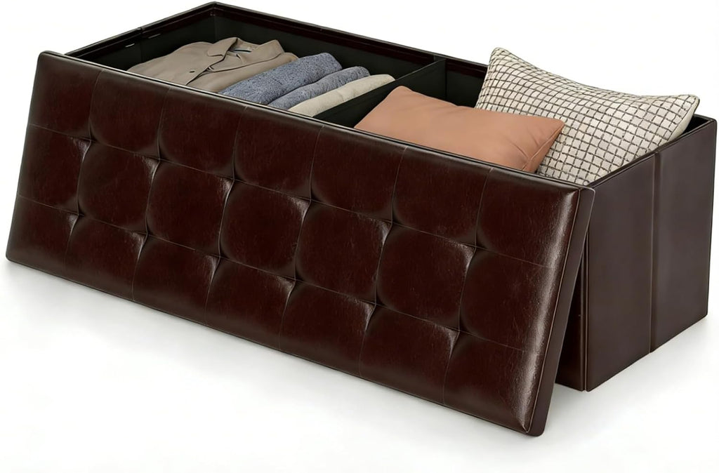 43" Folding Storage Ottoman Bench, Faux Leather Storage Chest, Brown