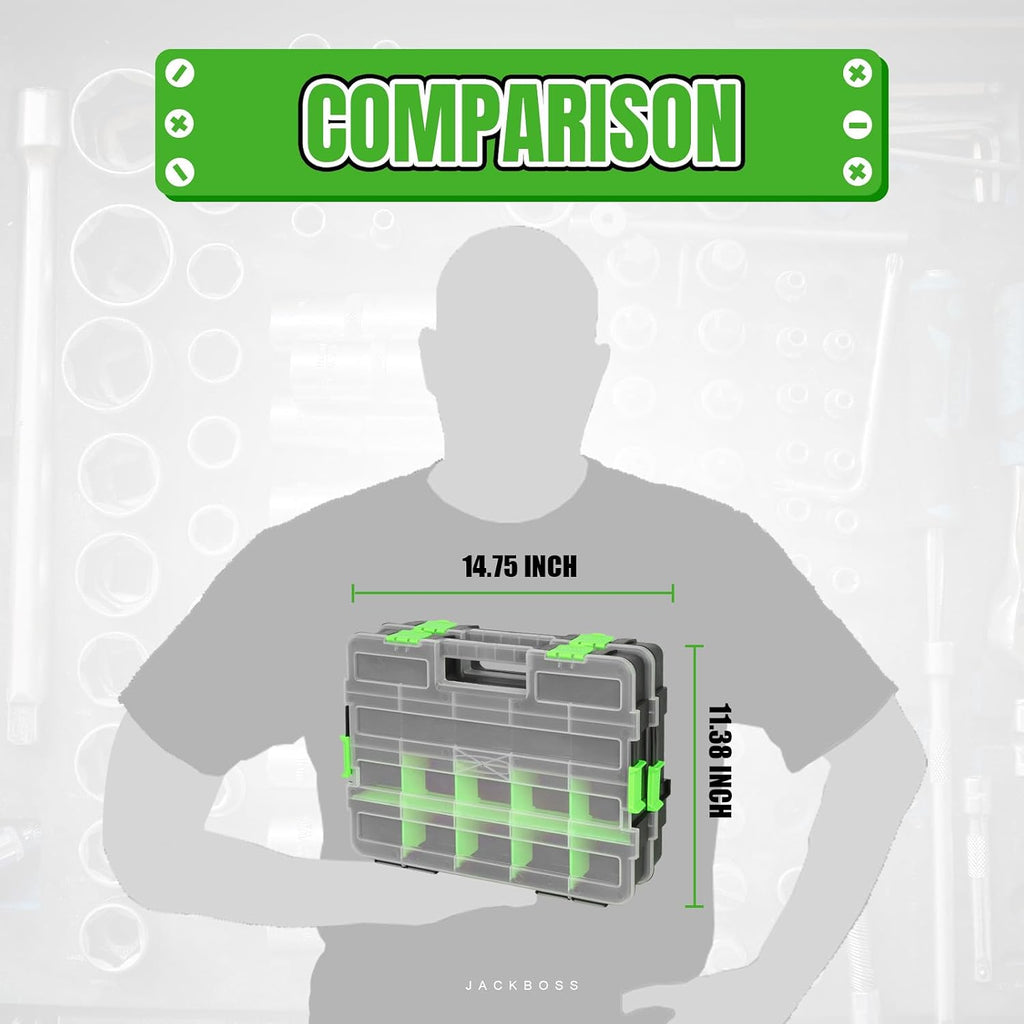 jack boss tool box with transparent lid, single showing dimensions