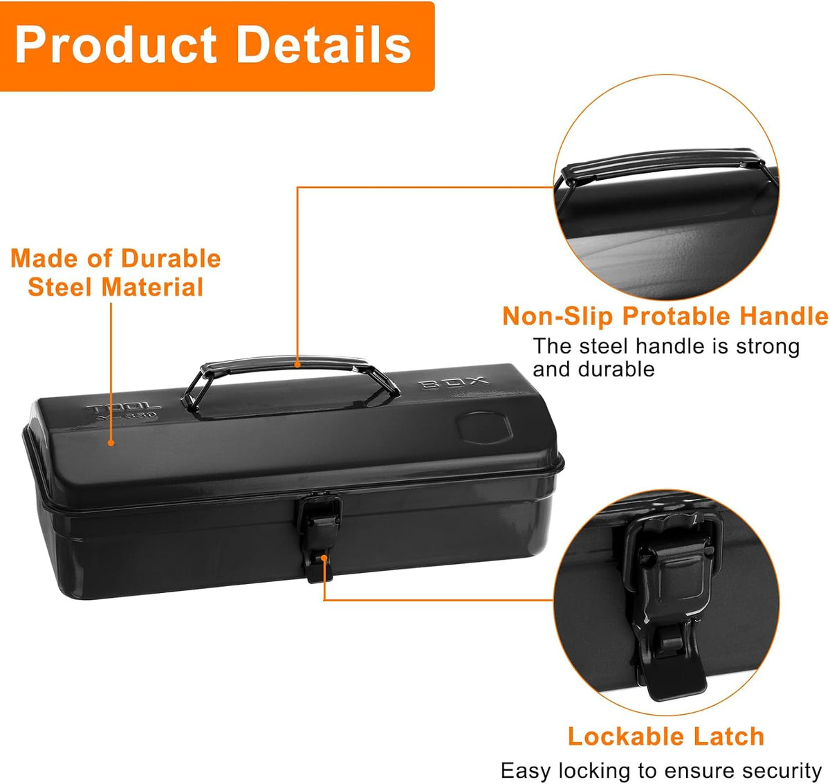 harfington tool box 14.2" portable steel tool box, side view