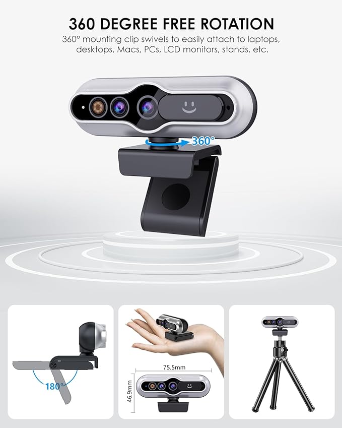 2K HD Webcam with Infrared Windows Hello Facial Recognition, Computer Camera