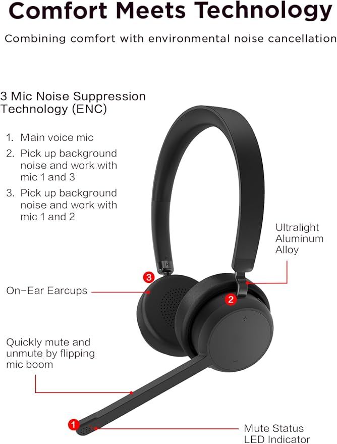 Lenovo Wireless Stereo Headset, Noise Cancelling Mic, 31-Hour Talk & 60-Hour