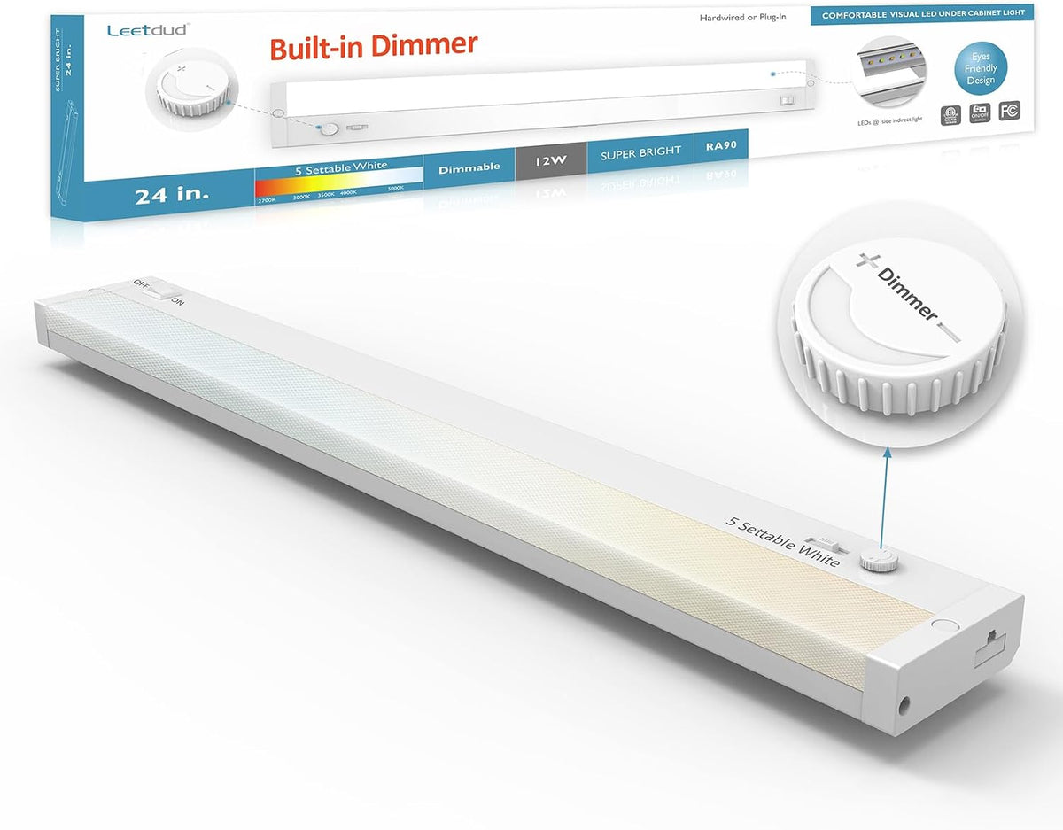 Leetdud Under Cabinet Lighting Plug in or Hardwired Built-in Dimmer, 24 Inch 12W