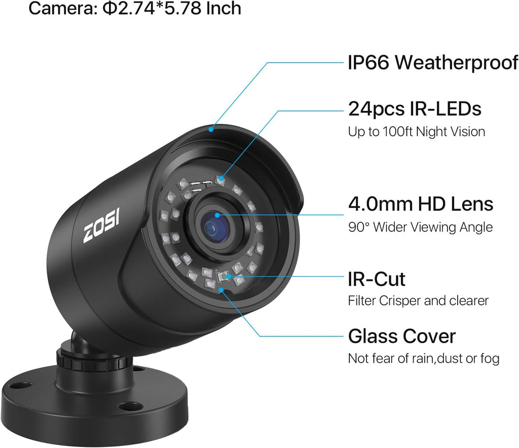 zosi 3k lite wired security camera system, 4, front angle view
