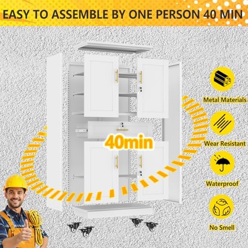 pozdeg 74" White Lockable Rolling Metal Garage Storage Cabinet