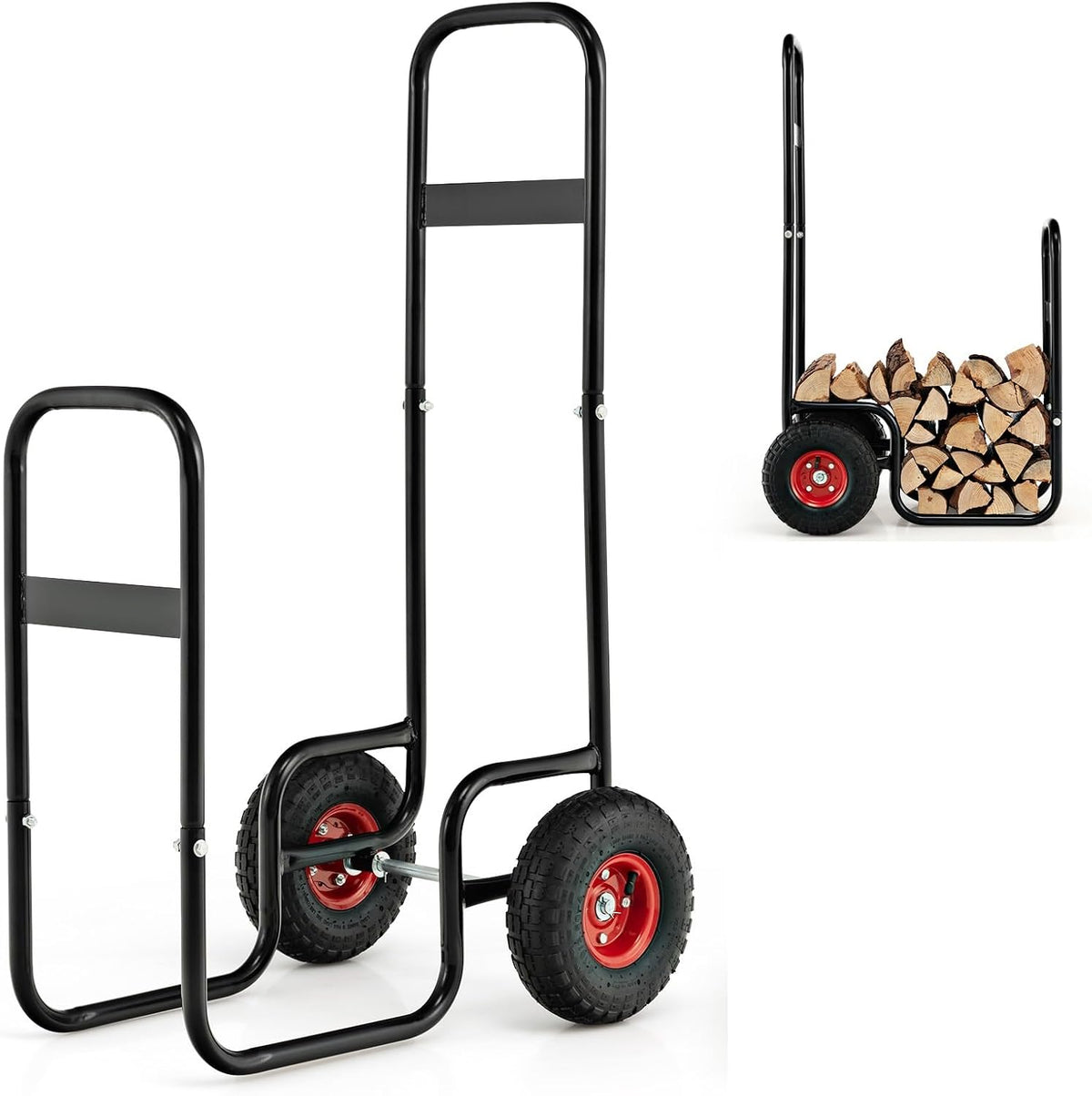 HAPPYGRILL Firewood Cart with Wheels, Rolling Fire Wood Log Cart with Pneumatic Rubber Tiers, 220 lbs Heavy Duty Steel Dolly Hauler, Outdoor & Indoor Firewood Rack Holder for Fireplace, Fire Pit