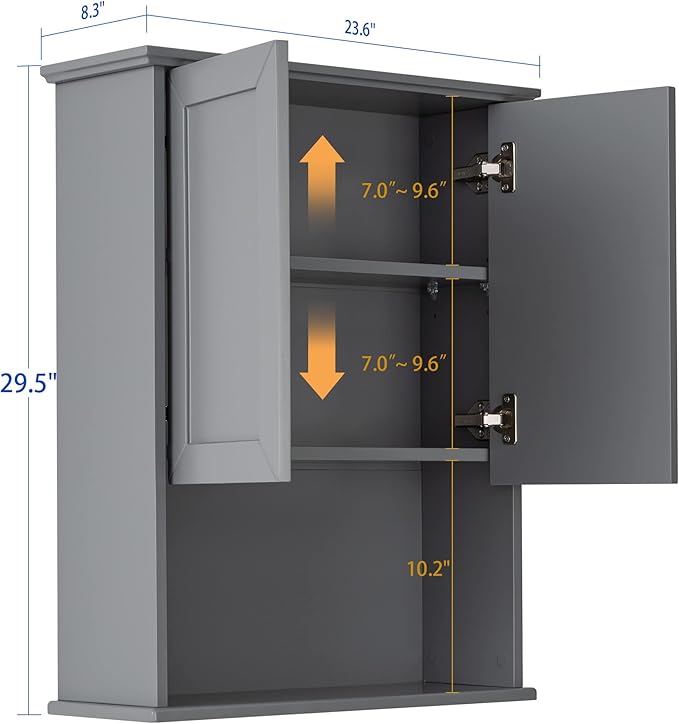 Grey Cabinet Wall Mounted with 2 Doors, Wooden Medicine Cabinet with Adjustable