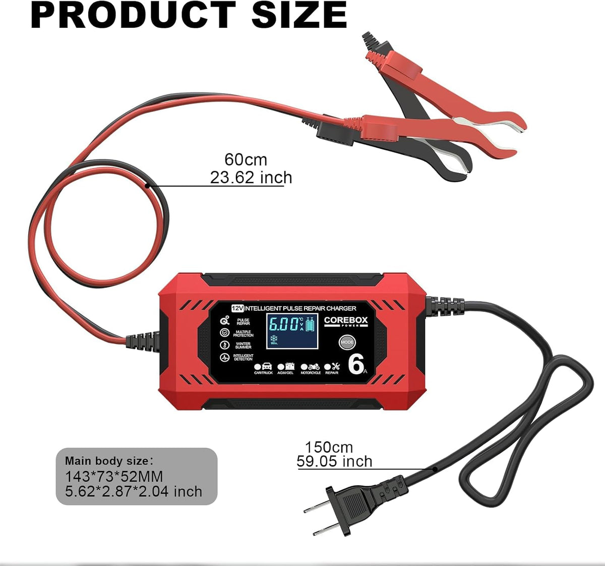 corebox battery charger 6-amp 12v automatic smart battery, front angle view
