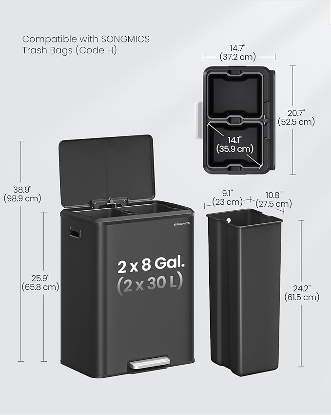 SONGMICS Trash Can, 2 x 8 Gallon Double Garabge Can