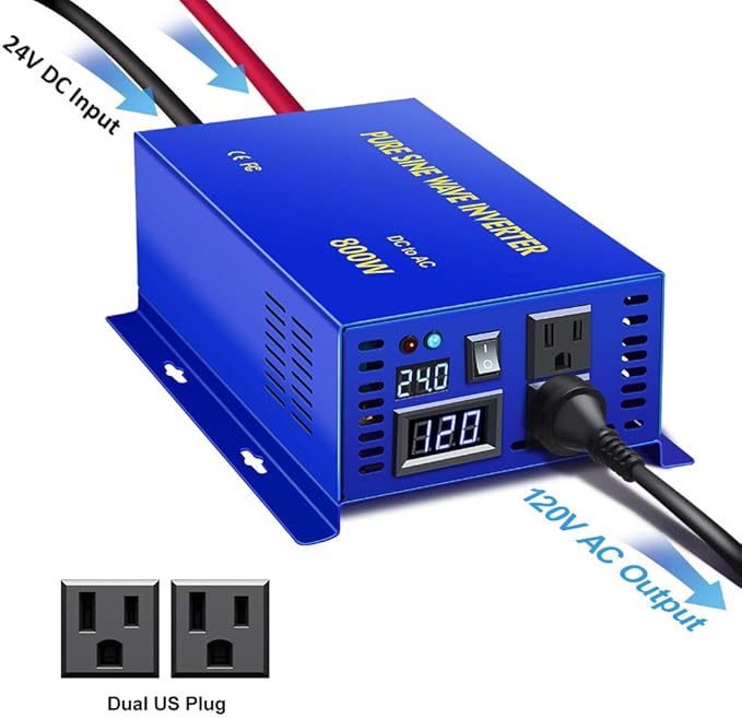 XYZ INVT 800 Watt Pure Sine Wave Inverter 24V DC to 110V 120V AC, 800W Power