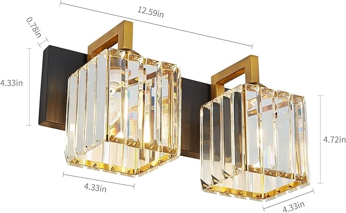 FDPBY Modern Bathroom Vanity Light 2-Lights Black Gold Crystal Wall Lamp