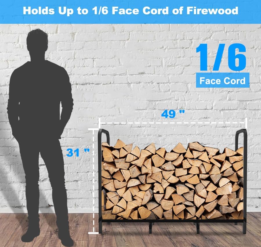 4ft Firewood Rack Holder, Adjustable Heavy Duty Fire Log Stacker Stand for Fireplace, Outdoor Indoor Metal Wood Pile Storage Organizer, Patio Logs Stand tool, Black