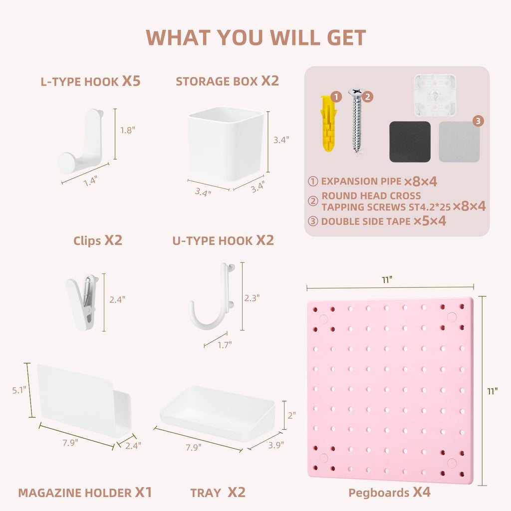 VUSIGN Peg Board Combination Kit 22"x22" Pegboards, Pink
