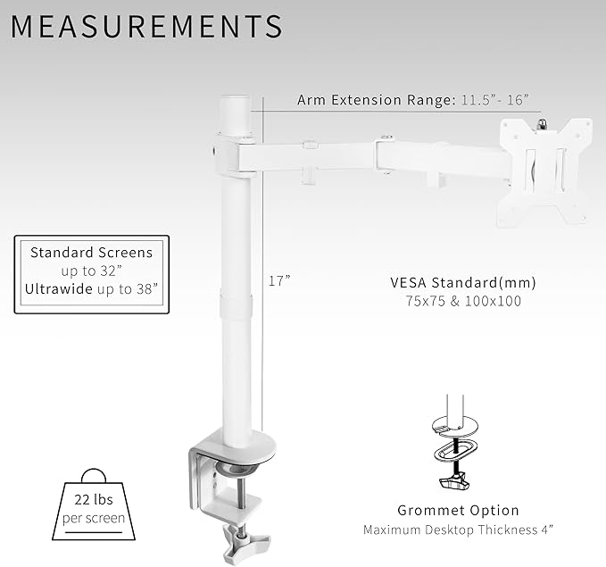VIVO Single Monitor Arm Desk Mount, Holds Screens up to 32 inch Regular and 38
