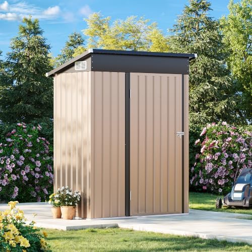 MXV 5x3 FT Outdoor Metal Storage Shed, Lockable Galvanized Steel Tool House with Sloped Roof, Waterproof Shed for Backyard, Garden, Patio, Brown