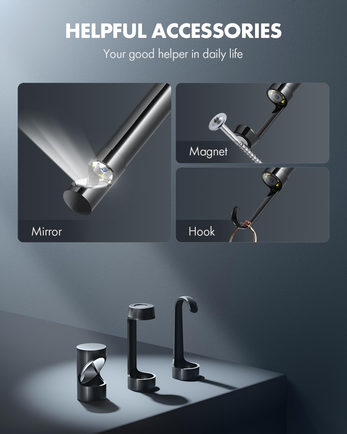 anykit endoscope camera with light, 1920p hd borescope on a desk or shelf