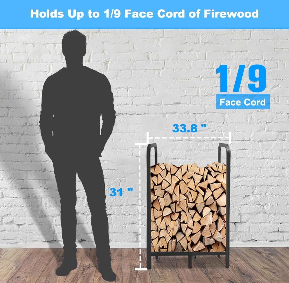 2.8ft Firewood Rack Holder, Adjustable Heavy Duty Fire Log Stacker Stand for Fireplace, Outdoor Indoor Metal Wood Pile Storage Organizer, Patio Logs Stand tool, Black