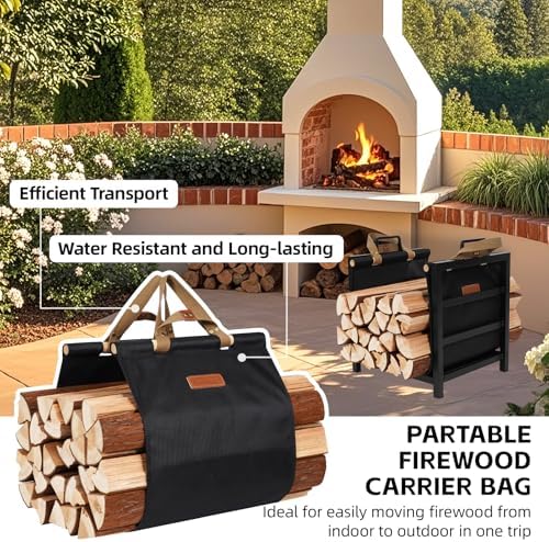 Firewood Rack Indoor Outdoor with Firewood Carrier, Fireplace Wood Log Holder Heavy Duty Metal, Indooor Firewood Holder for Fireplace Wood Storage, 16 inch, Black