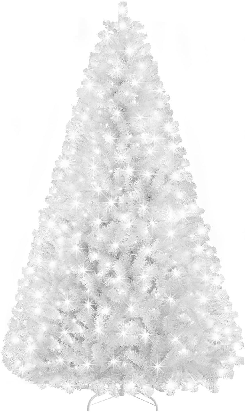 Prelit White Christmas Tree 6ft - White Halloween Tree with 300 LED Lights, 726 PVC Branches, Halloween & Xmas Tree for Holiday Decorations, Metal Stand and Hinged Branches