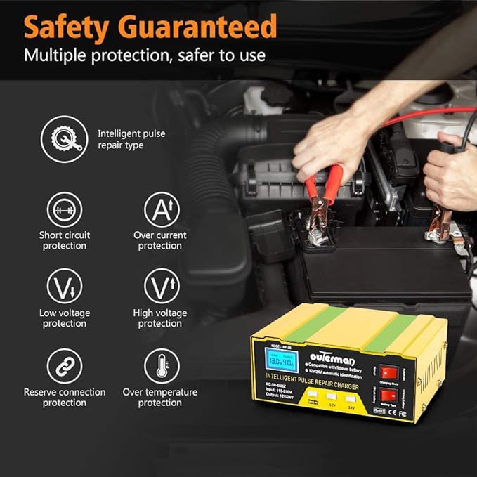 Outerman Car Battery Charger 12V 24V Lithium Battery Charger, Auto Battery