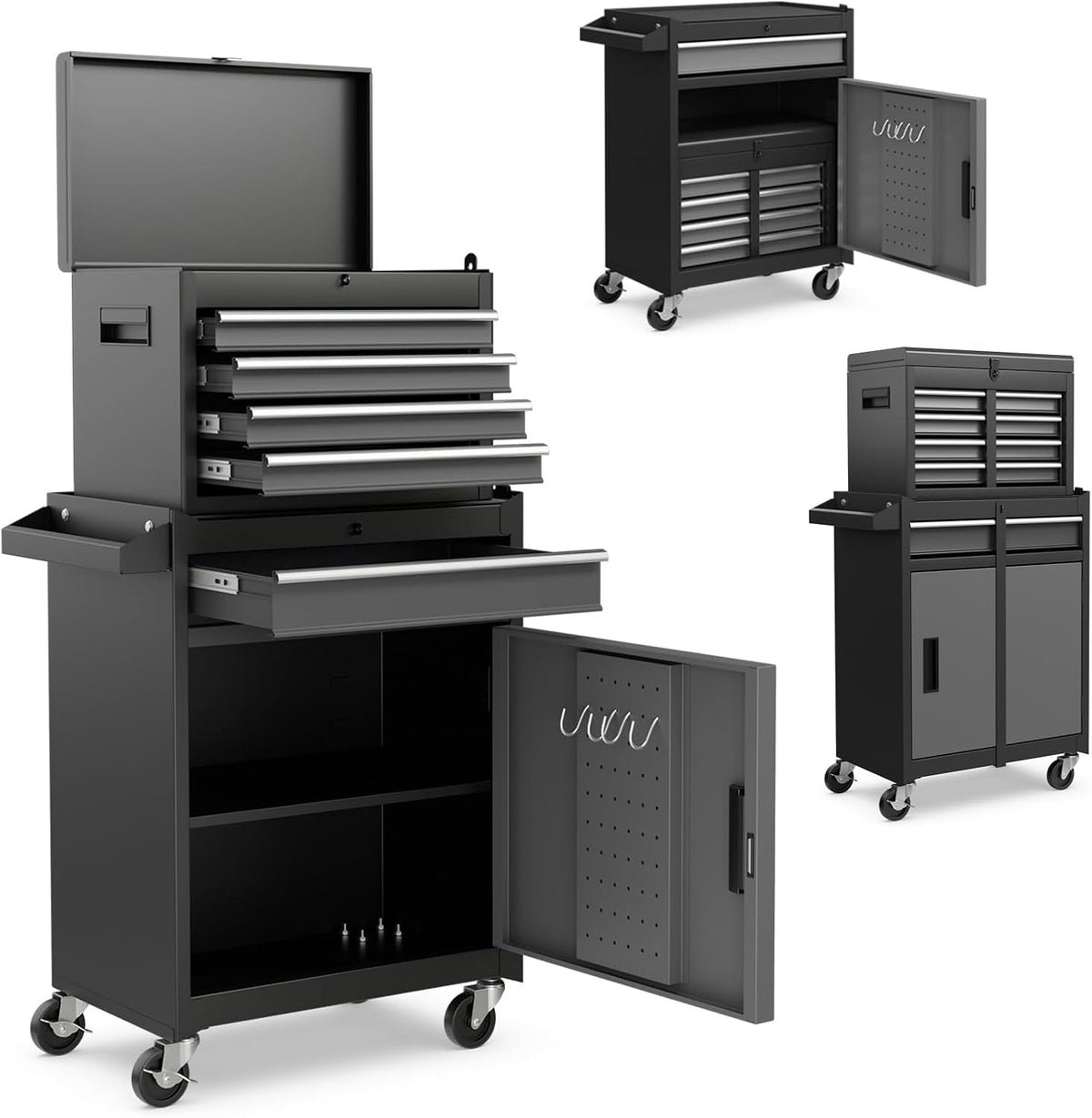 DREAMADE 5-Drawer Tool Chest Combo, Rolling Tool Cabinet w/Detachable Top Tool Box, Adjustable Shelves, Lockable Wheels, Metal Tool Box for Garage, Workshop, Repair Shop Storage (Grey)