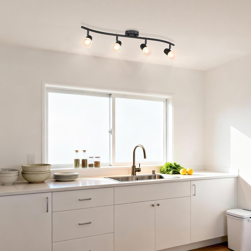 XiNBEi Lighting Black Track Lighting Kit with Glass for Bathroom, 4 Light | Curved Ceiling Spot Light, E26, S-Shaped Bar, Adjustable Head, Ceiling Light Fixture, For Kitchen Sink & Bathroom Hallway