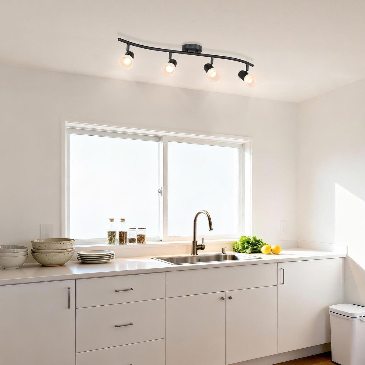 XiNBEi Lighting Black Track Lighting Kit with Glass for Bathroom, 4 Light | Curved Ceiling Spot Light, E26, S-Shaped Bar, Adjustable Head, Ceiling Light Fixture, For Kitchen Sink & Bathroom Hallway