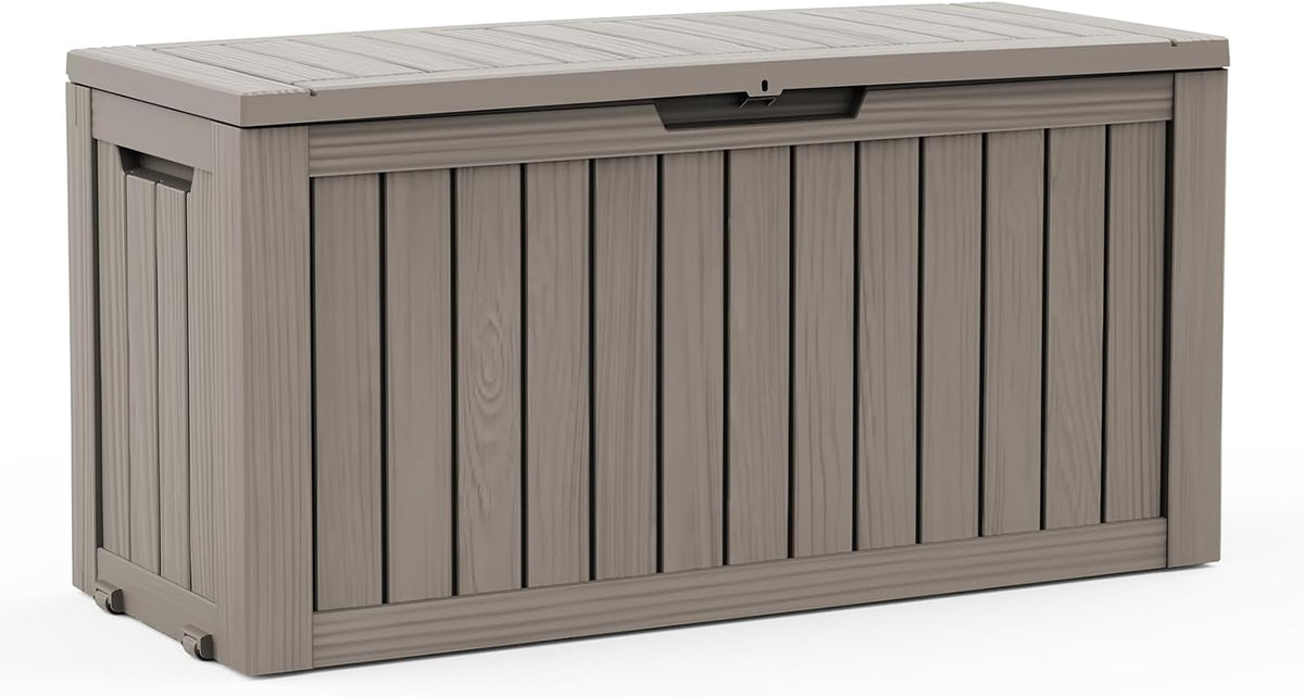 DRATO 90 Gallon Deck Boxes Outdoor Waterproof, Resin Large Lockable Storage Box with Lid, Outdoor Storage Bench Patio Cushions Furniture, Garden Tools, Pool Accessories (Grey, 90 Gallon)
