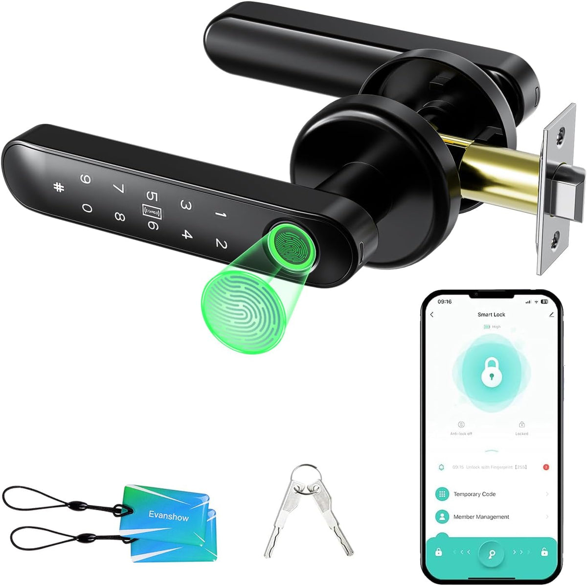 Fingerprint Door Lock Biometric Door Knob with Keypad Keyless Entry, 5-in-1 Door Locks for Bedrooms(Fingerprint/App/Code/Key/IC Card), Home Hotel Office Apartment Black