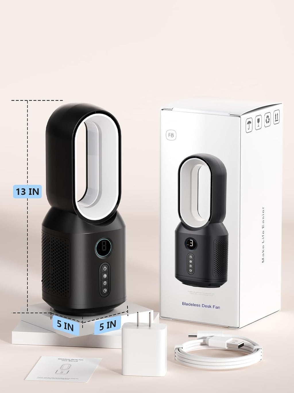 let'me Desk Fan, Small Bladeless Table Fan, Small Fan with 3 Speeds and Night Light, Quiet Desk Fan for Personal, Bedroom, Office, Nightstand