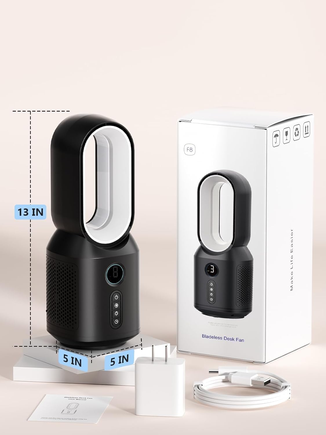 let'me Desk Fan, Small Bladeless Table Fan, Small Fan with 3 Speeds and Night Light, Quiet Desk Fan for Personal, Bedroom, Office, Nightstand