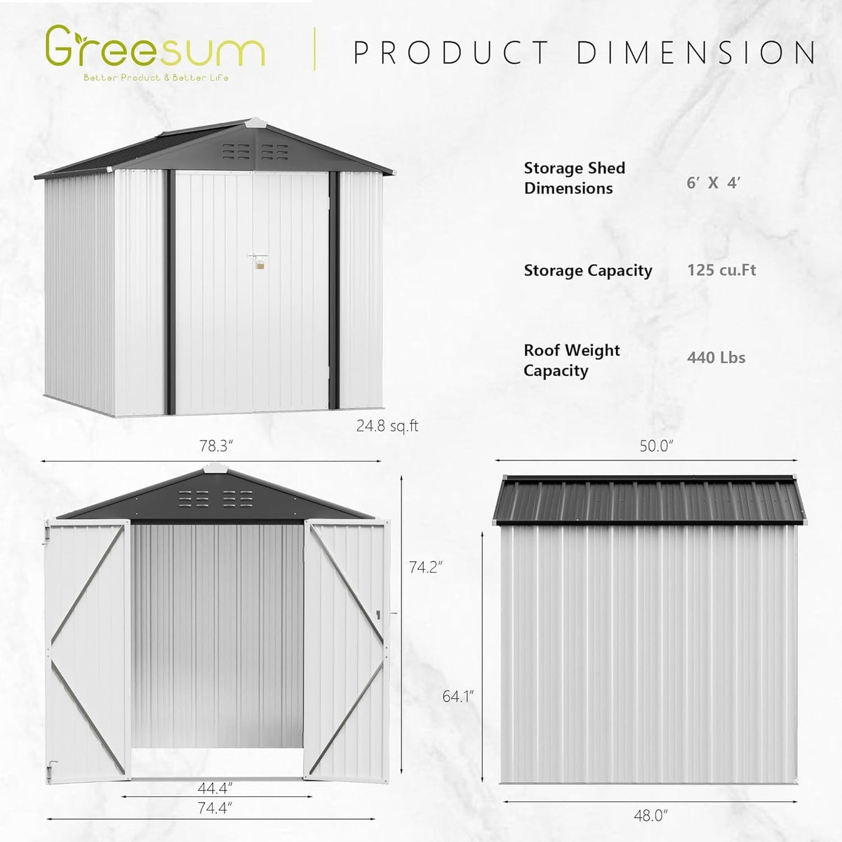 greesum 6x4ft outdoor storage shed, utility tool shed, side view