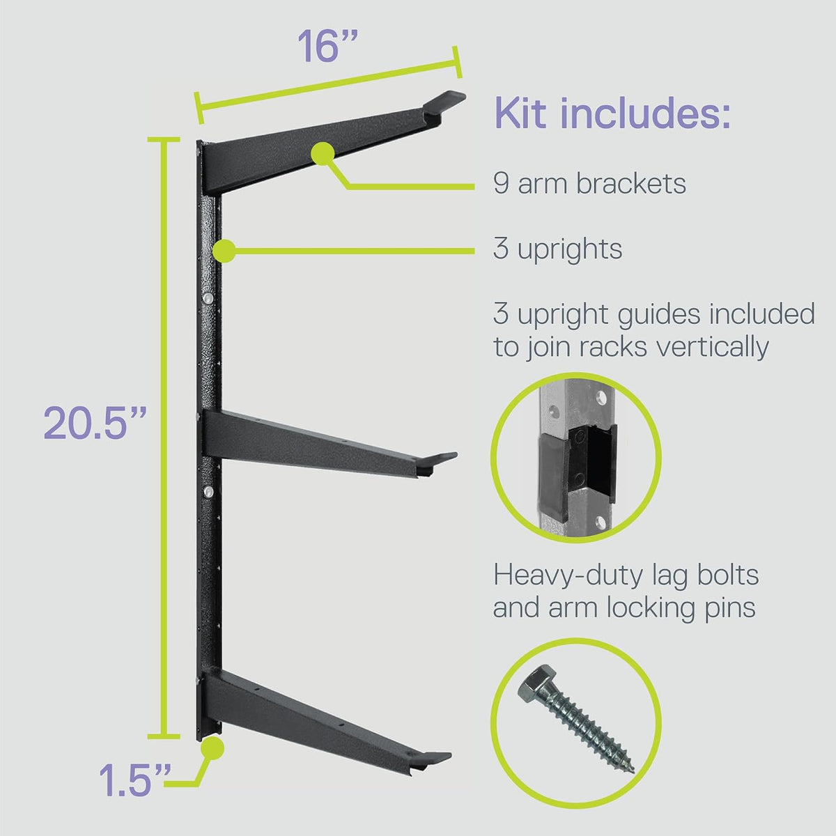 delta heavy duty lumber storage rack cycle, holds, close-up detail