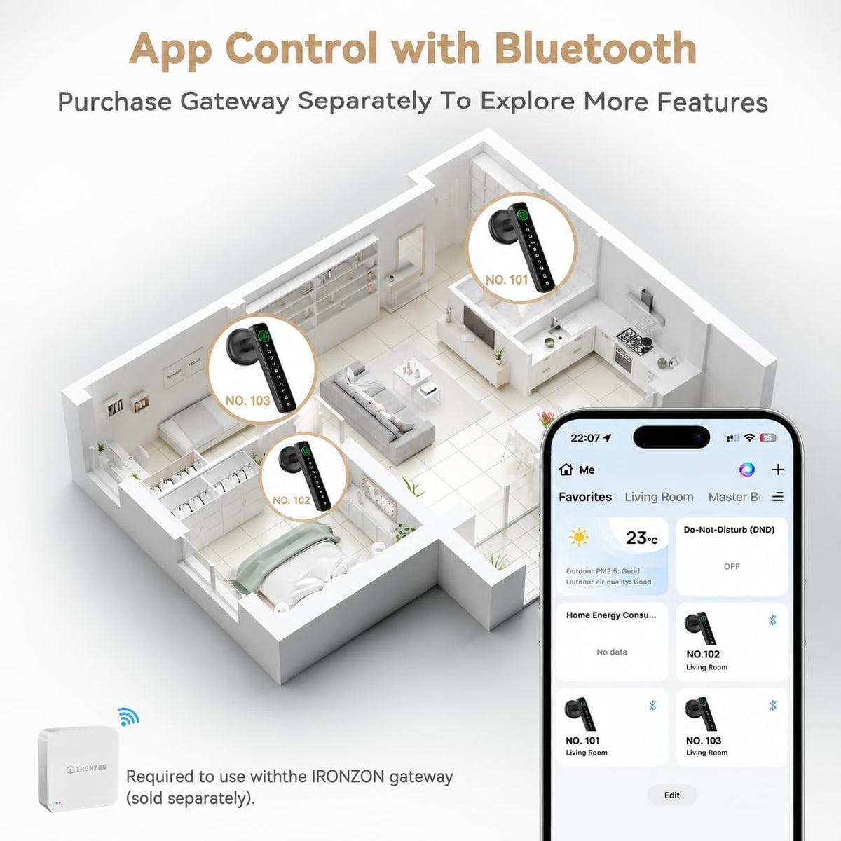 IRONZON 5-in-1 Smart Fingerprint Door Handle Lock with Code,NFC,App Control