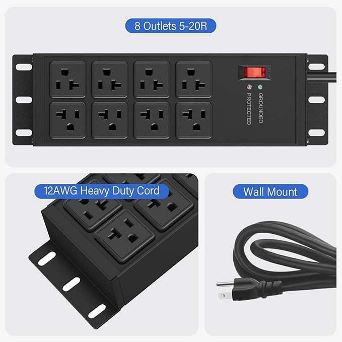 CCCEI 2PCS Heavy Duty Power Strip Surge Protector 20 AMP, 8 Outlets 12 Gauge