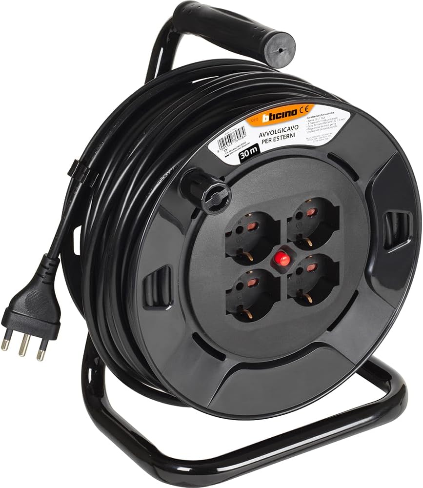 BTICINO Cable Reel S2630, Electric Extension 30 Metres, 4 Schuko Sockets, Double Pole, Large 16 A Plug, Thermal Switch, Ergonomic Handle, Cable Holder and Cable Reel, Full Black