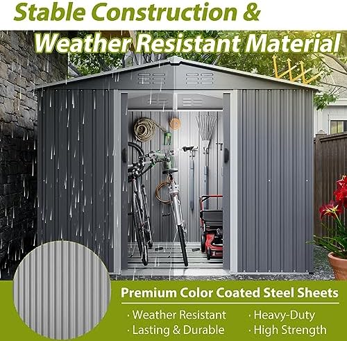 YOPTO 8X6 FT Outdoor Storage Shed with Roof,Waterproof House Tool Cabinet W/Metal Foundation & Lockable Doors,for Shovels,Umbrellas,Antennas,Escalators,Gray