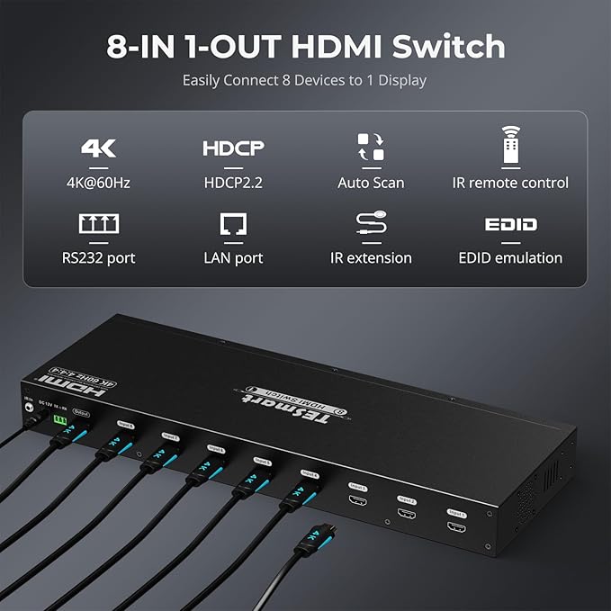 TESmart 8×1 HDMI Switch 8 in 1 Out 4K @ 60Hz HDCP