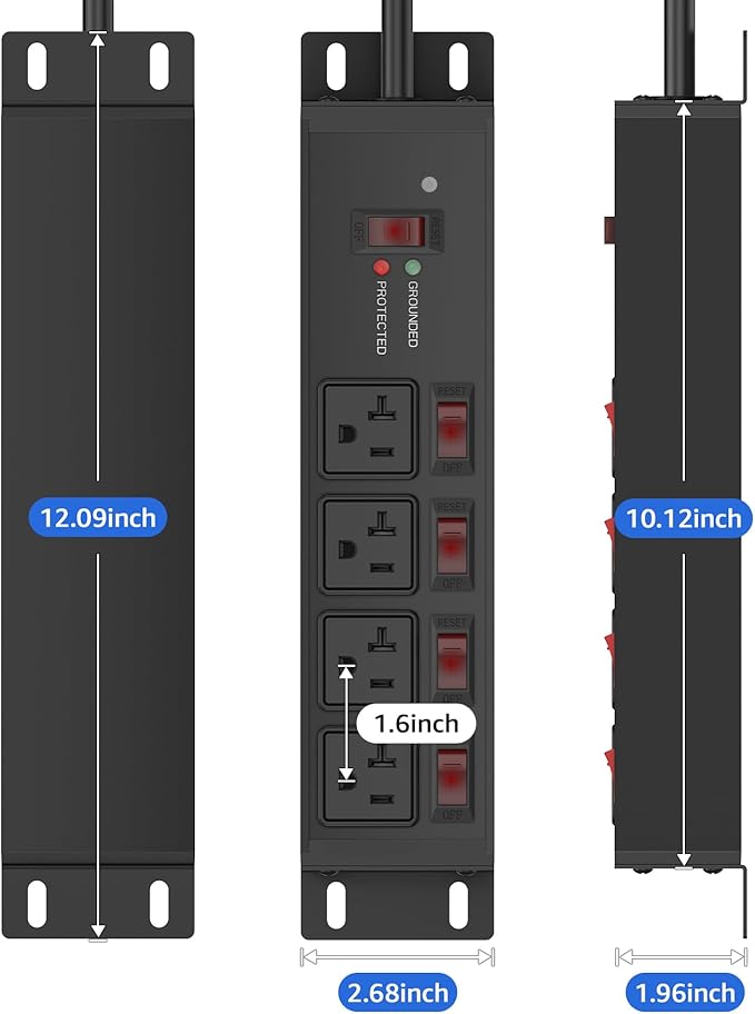 CCCEI Heavy Duty Surge Protector Power Strip 20 Amp Individual Switches. 4FT 12