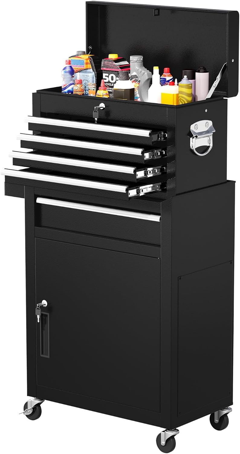 Greenvelly Rolling Tool Chest, 5-Drawer Metal Tool Chest with Wheels, 2 in 1 Detachable Tool Cabinets, Metal Tool Cart with Liner & Hooks for Garage, Workshop, Warehouse (Black)